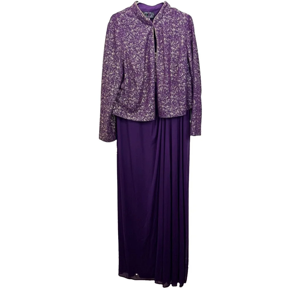 Alex Evenings Purple Gold Glitter 2 Piece Jacket Sleeveless Maxi Dress Set 14W